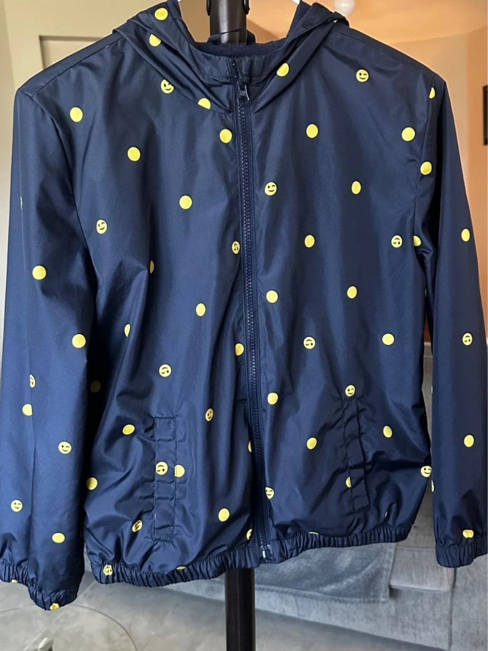 GAP Kids XL Navy/Yellow Rain Jacket with Yellow Smiley Dot Print
